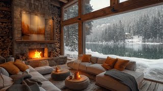 Soothing Jazz Music in A Cozy Living Room Space ❄️ Snowy Scene and Fireplace Sound for Relaxation [upl. by Aerdma27]