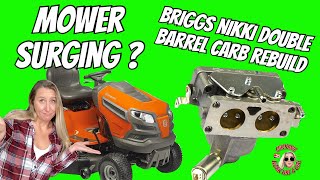 HOW TO FIX A SURGING RIDING MOWER Briggs and Stratton Double Barrel Carburetor Rebuild Repair [upl. by Ernesta]