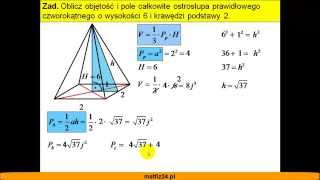 Objętość i pole całkowite ostrosłupa prawidłowego czworokątnego  Matfiz24pl [upl. by Maryn345]