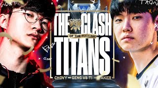 THE CLASH OF TITANS T1 VS GENG SEMIFINALS AT WORLDS 2024  CAEDREL [upl. by Bullion]