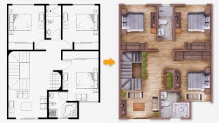 PART 01 Easy Plan Render  Single house plan render in Photoshop [upl. by Annayi]