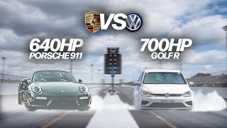 700BHP VW GOLF R VS 640BHP PORSCHE 911 TURBO S DRAG RACE CRAIL RACEWAY [upl. by Viens]