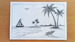 How to draw Sea Beach scenery with pencil sketch Step by stepeasy draw [upl. by Noble]