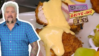 Guy Fieri Eats DEEPFRIED Chicken Cordon Bleu  Diners DriveIns and Dives  Food Network [upl. by Ewens]