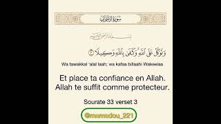 ‎وَتَوَكَّلْ عَلَى اللَّهِ وَكَفَى بِاللَّهِ وَكِيلًا‎ Sourate 33 verset 3 [upl. by Atiuqa190]