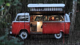 SOLO Camping in Rain  Iconic 1975 VW Van Life Cosy Relax and Sleep ASMR [upl. by Wohlen]