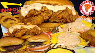 ASMR MUKBANG ANIMAL STYLE INNOUT BURGERS POPEYES CHICKEN amp FRIES  WITH CHEESE amp ONION RINGS [upl. by Hyacinthe216]