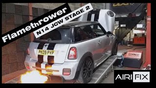 Mini JCW R56 N14 270hp Dyno Run Stage 2 insane flamesHybrid TURBO [upl. by Jaymee]