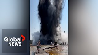 Yellowstone geyser explosion sends tourists running from smoke debris [upl. by Earley]