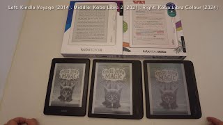 Screen compare of NEW Kobo Libra Colour vs Kobo Libra 2 vs Kindle Voyage in different conditions [upl. by Itnahsa]