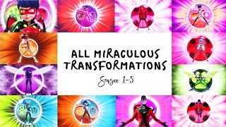 MIRACULOUS  💫 ALL TRANSFORMATIONS  Season 1 to 5 ☯️  Tales of Ladybug and Cat Noir [upl. by Mcdowell]