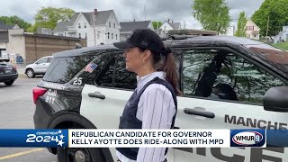 Republican candidate for governor Kelly Ayotte does ridealong with Manchester police [upl. by Anivid]