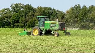 Drone Footage of John Deere R450 Swather in Action  medium length [upl. by Kcirnek]