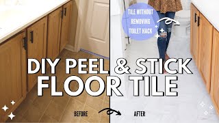 HOW TO INSTALL PEEL AND STICK VINYL FLOORING I HOW TO TILE AROUND TOILET I BUDGET RENO PT 2 [upl. by Pool]