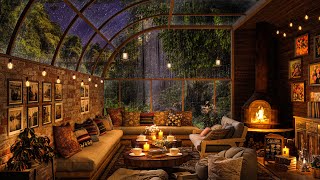 🌧 Rainy Night Forest at Cozy Coffee Shop  Smooth Jazz with Rain Sounds For Relax Study and Sleep [upl. by Sellihca]