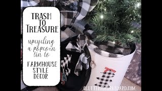 Trash To Treasure Farmhouse Style Christmas Upcycling a Popcorn Tin amp Lid  Cluttered CorkBoard [upl. by Verge]