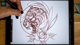 How to draw a Tattoo Design from Beginning to End  Neo Traditional Tiger Sketch [upl. by Jeddy]