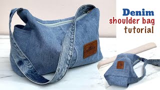 how to sew denim shoulder bag patterns  1 jeans 1 bag ideadenim hobo bag tutorial [upl. by Jemmy259]