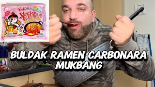 Buldak ramen carbonara toppoki gyoza and mushroom mukbang [upl. by Philippe]