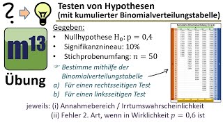 Hypothesentest rechtsseitig und zweiseitig Fehler 1 und 2 Art mit Binomialverteilungstabelle [upl. by Jaenicke]