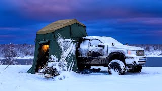 Camping In Snow Storm With Rooftop Tent And Diesel Heater [upl. by Etnuhs]