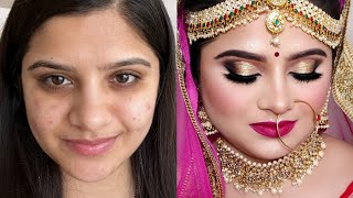 INDIAN BRIDAL MAKEUP for ACNE PRONE SENSITIVE SKIN Gold Glitter Cut Crease [upl. by Yokoyama517]