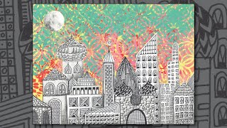 City Skyline stencilling and mixed media design [upl. by Cogn367]