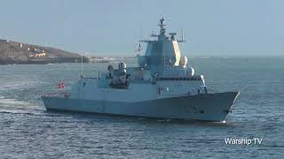 ROYAL NORWEGIAN NAVY HNoMS HELGE INGSTAD F313 ENTERS DEVONPORT AT PLYMOUTH HOE  25th Jan 2018 [upl. by Etterraj]