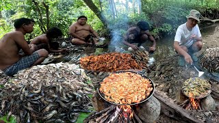 Surviving 12 Hours in Mid Jungle Wild Prawn Fish Hunting Catching and Cooking Survival Challenge [upl. by Anen]