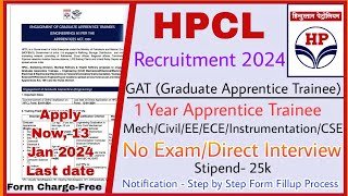 HPCL Graduate Apprentice Recruitment 2024  HPCL Govt Job Vacancy  HPCL Recruitment 2024 Apply Now [upl. by Ocin]