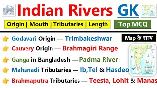 Rivers and tributaries  With Map  Origin  Mouth  Length mcqs  Indian rivers gk  भारत की नदियां [upl. by Hannazus83]