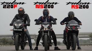 Bajaj Pulsar RS200 vs Pulsar 220F vs Pulsar NS200 Drag Race [upl. by Asiole594]