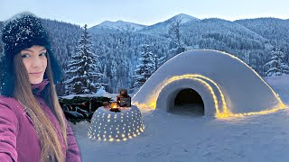 Solo overnight in Snow shelter  IGLOO Winter bushcraft camping  Survival camp [upl. by Oruasi96]