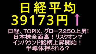 日本株全面高！リスクオン？経平均、ＴＯＰＩＸ、グロース２５０上昇！内需株上昇開始！半導体押される？ [upl. by Wolk]