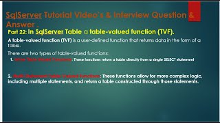 Part 22 In SqlServer Table a tablevalued function TVF [upl. by Aiden]