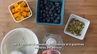 Recette n° 1  Parfait au yogourt garni de mangues de bleuets et de pistaches [upl. by Hosea]