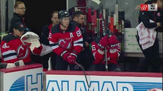 Jack Hughes breaks his stick at the bench and throws it onto the ice [upl. by Etnwahs814]