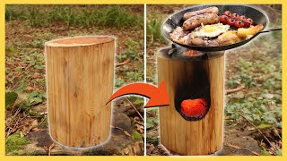 HOW TO MAKE A ROCKET STOVE FROM A LOG  Simple Bushcraft Project You Need To Try  Woodland Cooking [upl. by Elolcin8]