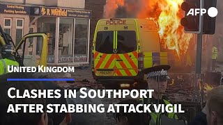 Clashes break out in Southport UK after vigil held for knife attack victims  AFP [upl. by Nnairac]