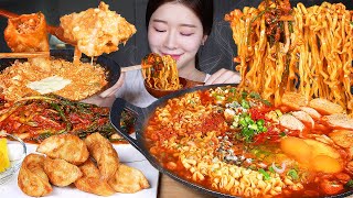 ASMR MUKBANG  걸쭊한 순두부불닭볶음탕면 ❤️‍🔥 바삭한 고기군만두와 매운 파김치 마무리로 라죽까지 먹방 Soft Tofu Buldak Ramyun amp Kimchi [upl. by Nonnair220]