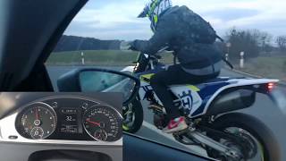 Husqvarna 701vs VW Passat CC 36 300PS with speedo 0150kmh Akrapovic Sound Launch Control [upl. by Gesner432]