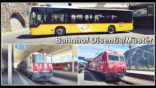 Viel Zugbetrieb und Lokwechsel beim Bahnhof DisentisMustér Kanton Graubünden Schweiz 2022 [upl. by Sennahoj849]