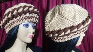 Como tejer la boina N° 10 a crochet para mujer en punto Hojas en Relieves Olas y Elástico [upl. by Ruenhcs334]