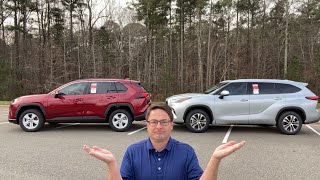 Comparing 2021 RAV4 vs 2021 Highlander Cargo Space Passenger Space Features for XLE vs XLE [upl. by Ghassan556]