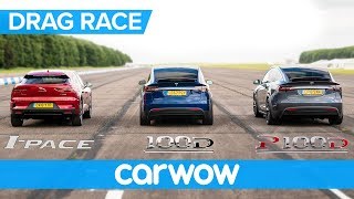 Jaguar IPace vs Tesla Model X 100D amp P100D  DRAG RACE ROLLING RACE AND BRAKE TEST [upl. by Marice578]