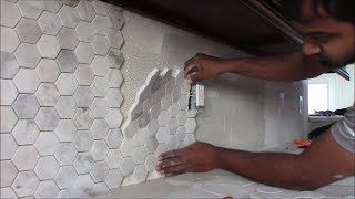 How to Install Backsplash In Kitchen 3 inch Hexagon Mosaic Tile [upl. by Feigin]