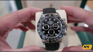 Rolex Cosmograph Daytona White Gold Oyster Flex Black Dial with Diamonds unboxing and review video [upl. by Annadal]