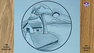 village scenery drawing  gramer drisso  pencil scenery drawing  circle scenery drawing [upl. by Ahsenek]