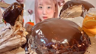 ASMR 超濃厚チョコミルクレープ Rich Chocolate Crepe Cake【日本語字幕】【咀嚼音 Mukbang Eating Sounds】 [upl. by Suirtemid]