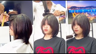 How to cut a Medium Layered Bob Haircut with Bangs Full Tutorial  Best Hair Cutting Techniques [upl. by Ynnav]